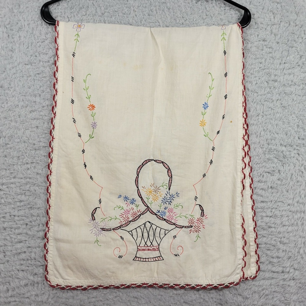 Table Runner Cream Embroidered Floral Basket Crochet Trim 15x40